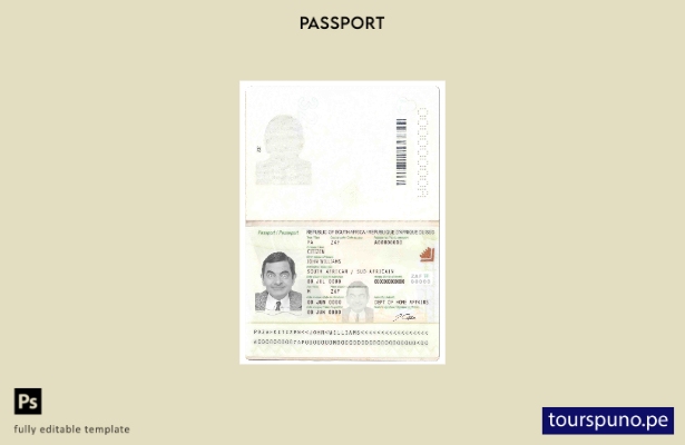Plantilla de pasaporte de Sudáfrica ( presente) lista para imprimir